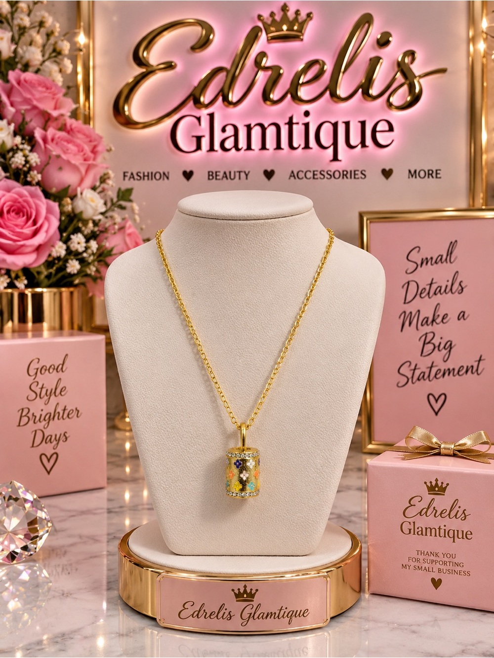 Zinc Alloy Gold Multicolor Cylinder Pendant Necklace